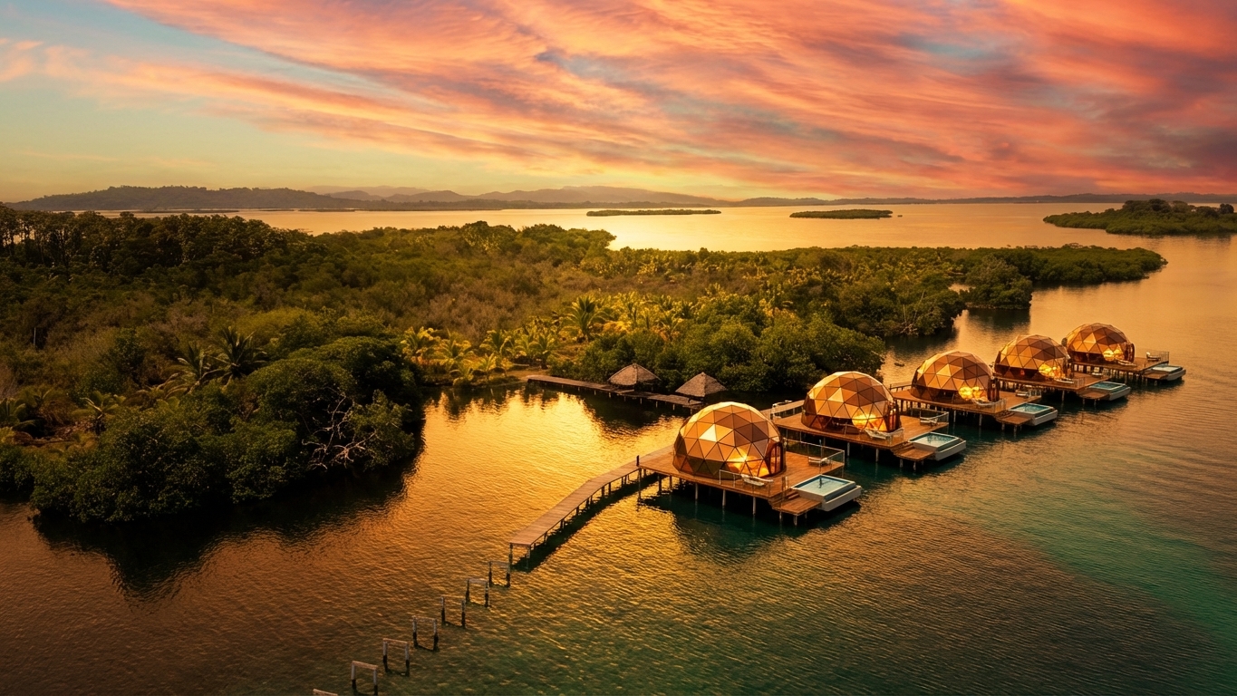 Concept rendering of overwater glass glamping domes at sunset, Bocas del Toro, Panama