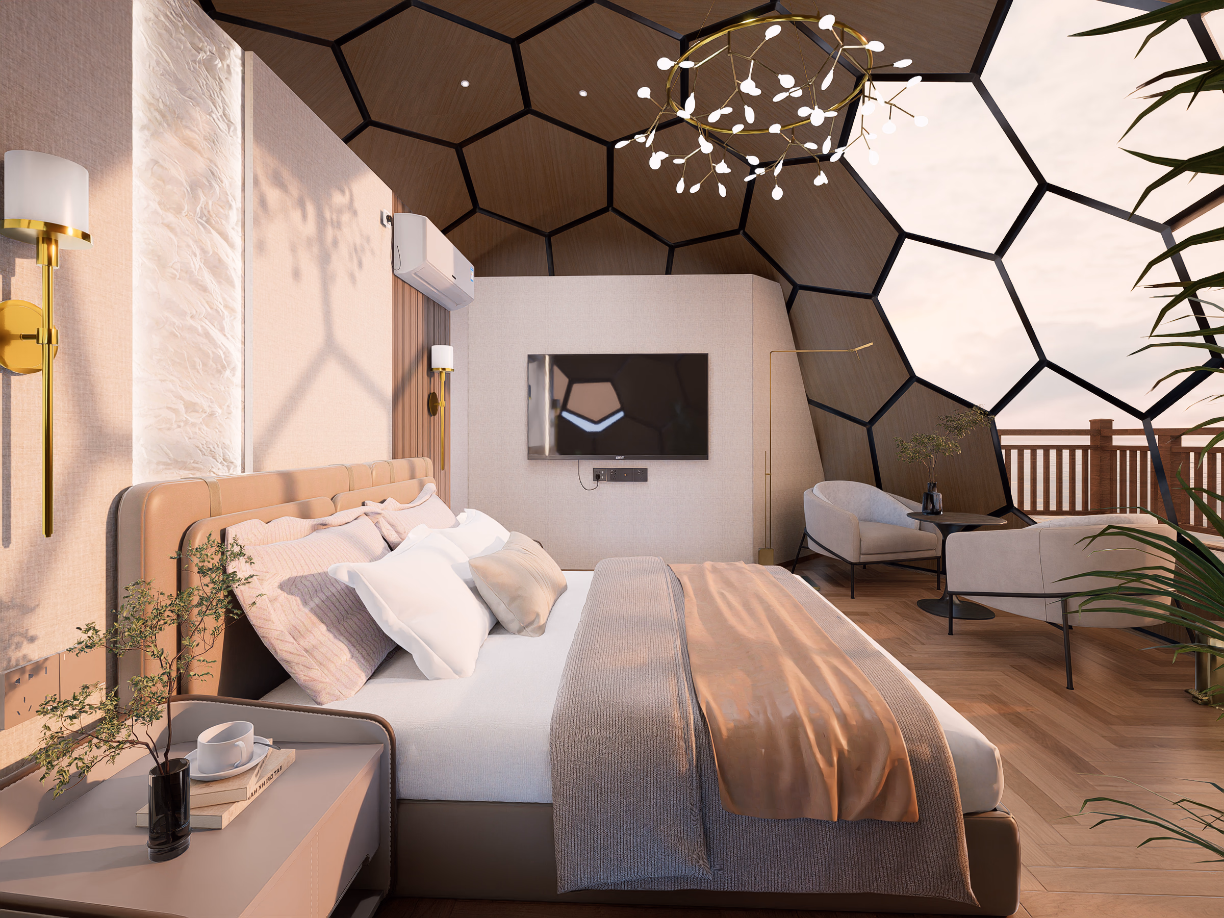 An overwater glamping dome interior at first light: king bed, lounge area, and a glass dome wall opening onto the calm Caribbean