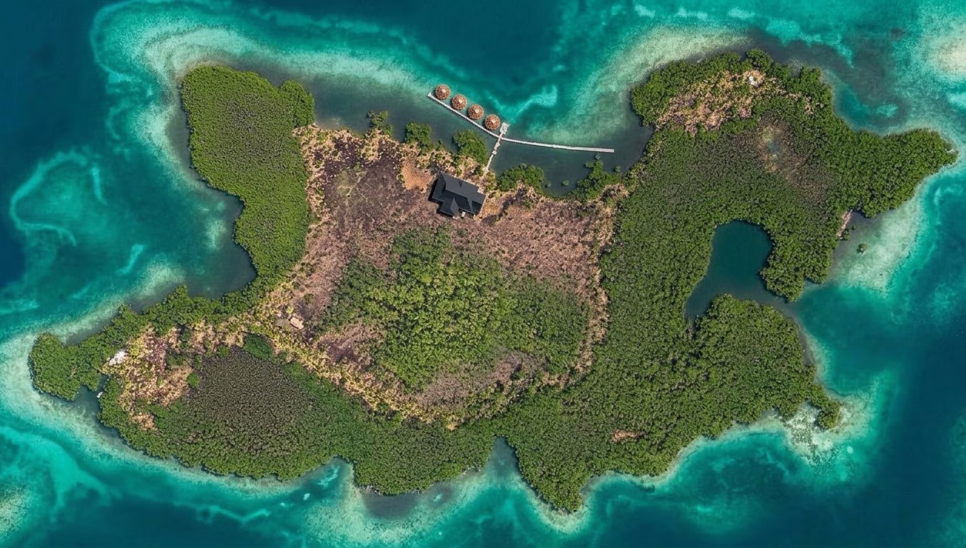 Top-down aerial view of Glamp Island private island resort, Bocas del Toro