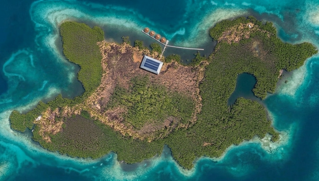 Aerial top-down view of Glamp Island showing the community hub with solar panels and the overwater dome dock, with four camera positions marked